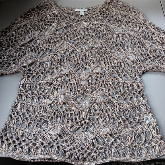 Dress Barn Croched Open Knit Sweater Tunic Womens Large Beige‎ Sheen Boho Travel - Picture 5 of 12